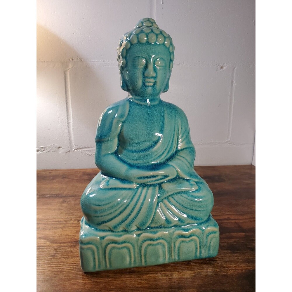 Vintage Zen Buddha Ceramic Statue Turquoise/Green Glazed Crazing 10.5 Inch Tall